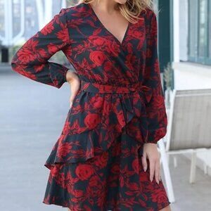NWT Uguest Black & Red Floral Faux-Wrap Long Sleeve Mini-Dress
